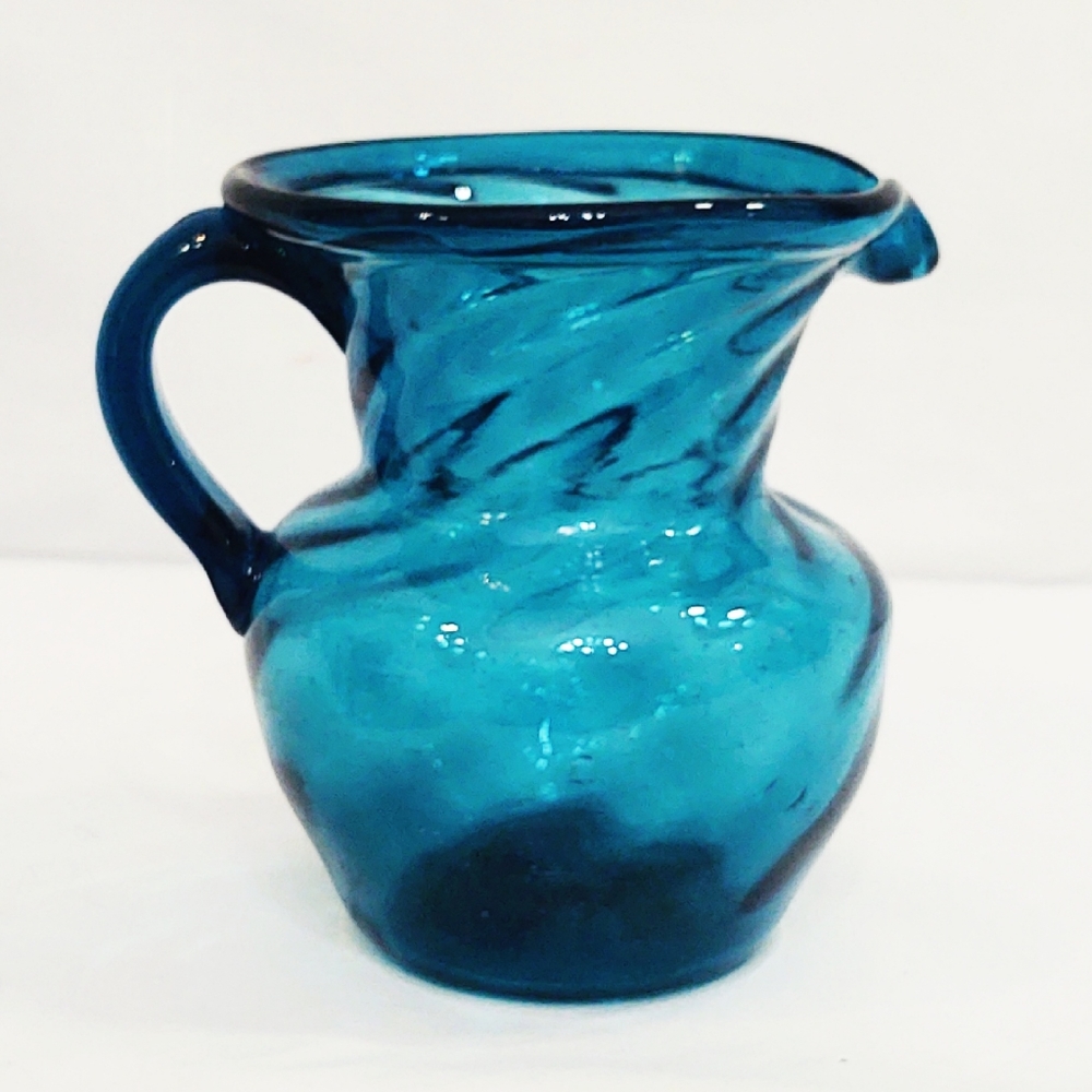Mid-Century Modern Teal Swirl Hand-Blown Glass Pitcher